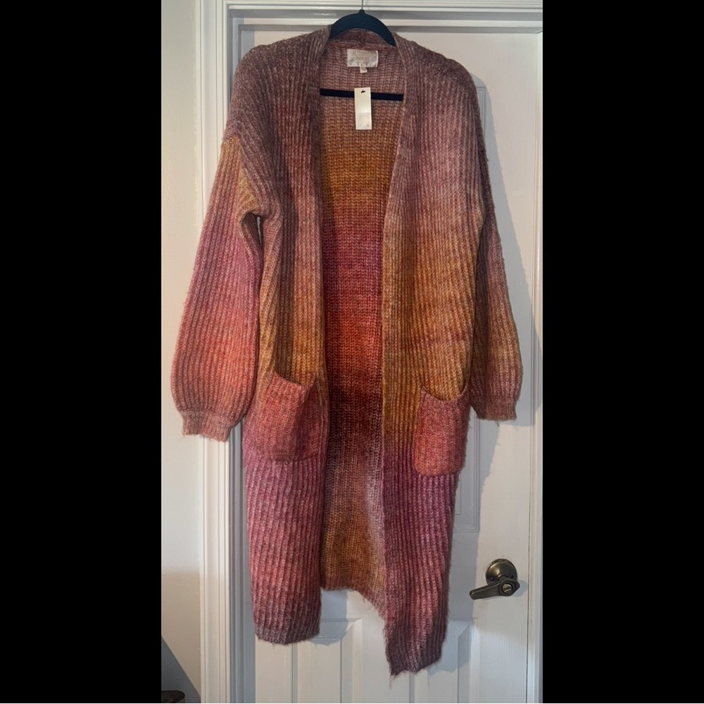 Francesca's Collections Pink and Brown Open-Front Cardigan